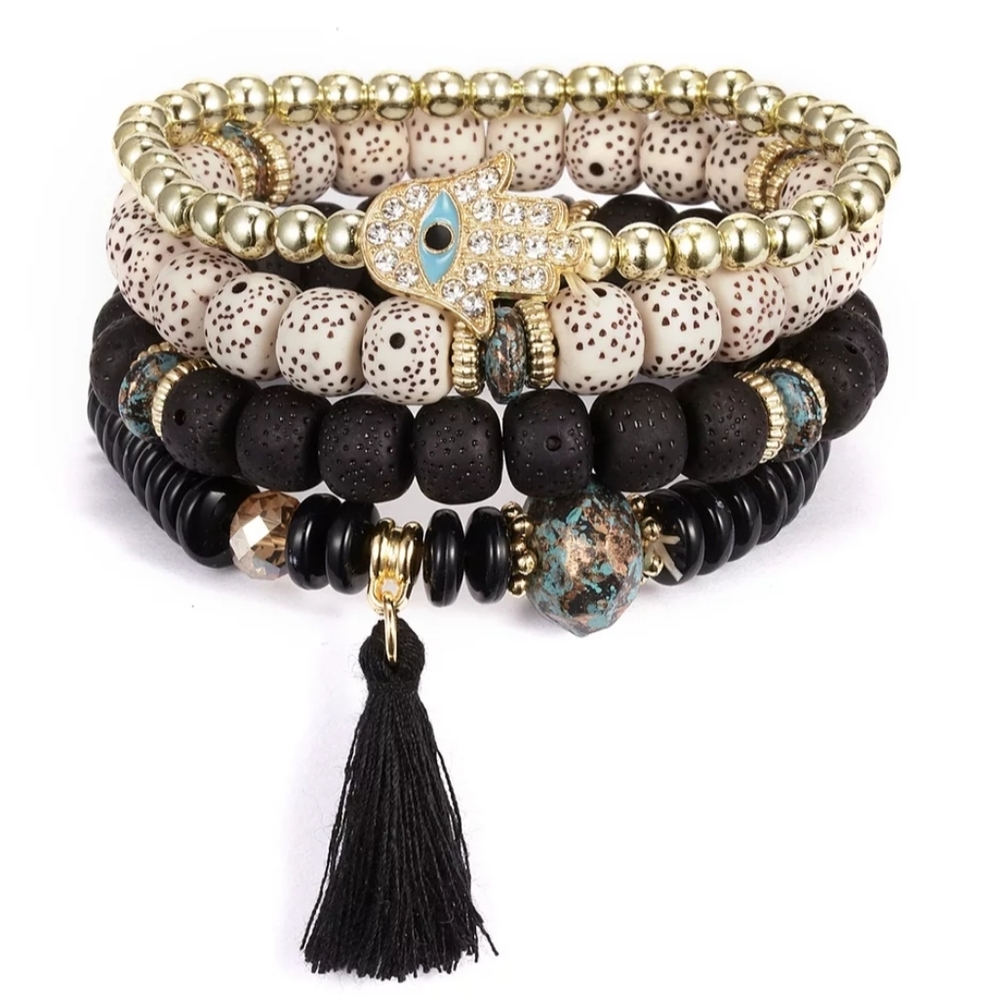 Beaded Evil Eye Hamsa Hand Charm Bracelet - Picture 2 of 2